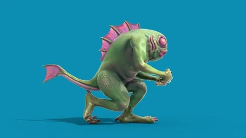 Blue Screen Fish Man Monster Runcycle Side Loop 3D Animation Rendering CGI 4 Stock Footage 327733818