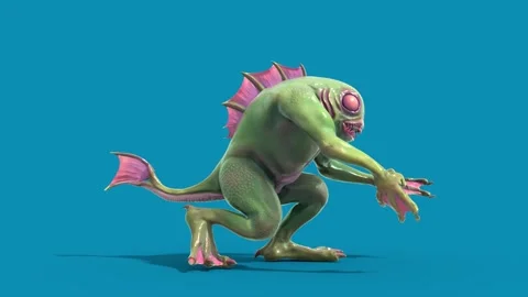 Blue Screen Fish Man Monster Walkcycle Side Loop 3D Animation Rendering CGI Stock Footage 327733876