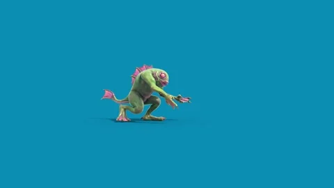 Blue Screen Fish Man Monster Walks Side 3D Animation Rendering CGI 4K Stock Footage 327733924
