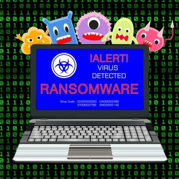 Blue screen laptop infected ransomware virus with virus cartoon Stock Illustration