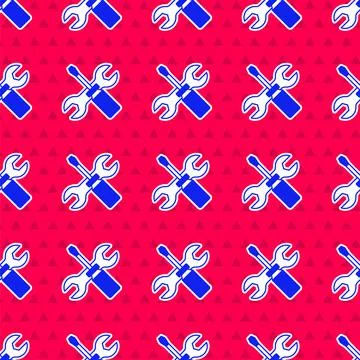 Blue Screwdriver and wrench spanner tools icon isolated seamless pattern on red Stockillustratie