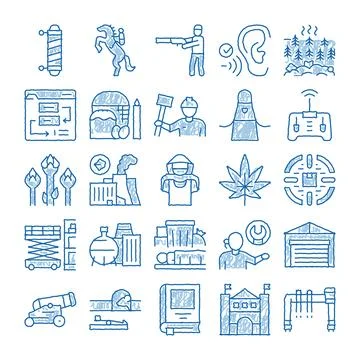 Blue scribble doodle icons illustrating various concepts イラスト素材