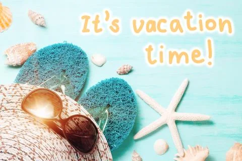 Blue sea background with seashell border and text It's Vacation Time, summer hol Stock Photos