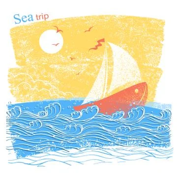 Blue sea background with ship. Vector illustration of sea landscape for text Stock Illustration