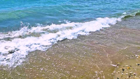 Blue Sea Foaming Waves Sandy Beach Background Slow Motion Close-up. Beach Blue O Stock Footage 290501265