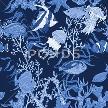 Blue sea life seamless background, underwater vector illustration Stock Illustration