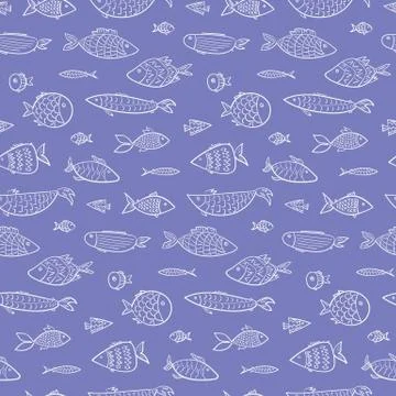 Blue sea pattern with white outline fishes Stock Illustration