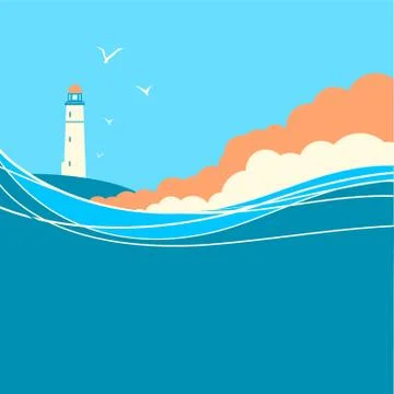 Blue sea waves with lighthouse.Vector nature poster Stock Illustration