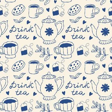 Blue Seamless Breakfast Pattern with Tea Pot, Teacups, Mugs, Cookies and te.. Illustrazione stock