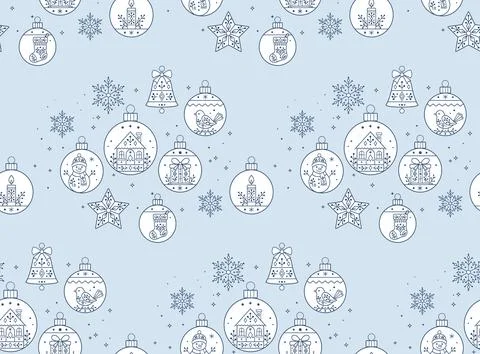 Blue Seamless Christmas Pattern with Ornaments, Stars, Bells, and Snowflakes Illustrazione stock