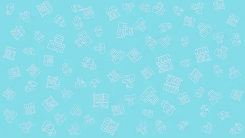 Blue seamless ecommerce pattern with storefronts, delivery trucks, packages Stock-Footage 318538551