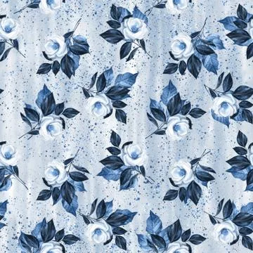 Blue seamless floral pattern with roses Stock Illustration