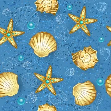 Blue seamless of gold seashells Stock Illustration