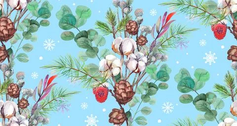 Blue seamless new year pattern painted with watercolor paints Illustrazione stock