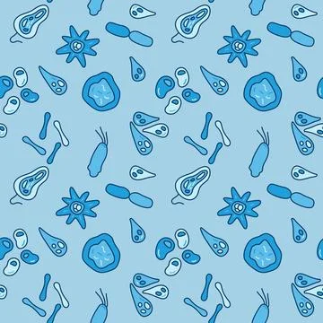 Blue Seamless pattern with Bacteria and Microbes concept vector signs 스톡 일러스트