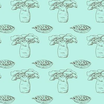 Blue seamless pattern with baobab beans and tree 스톡 일러스트