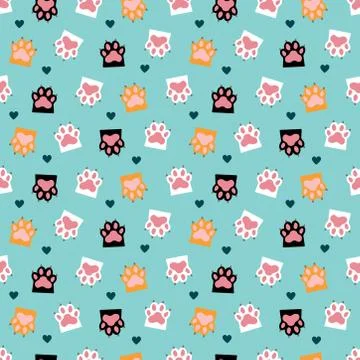 Blue seamless pattern with cat paws and hearts Stock Illustration