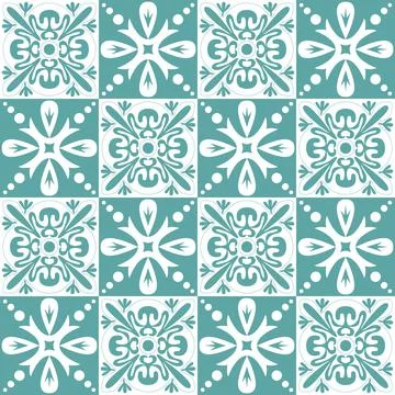Blue seamless pattern for ceramic tiles in retro style, blue white pastel vec Ilustración de archivo