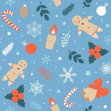 Blue seamless pattern of Christmas elements. Modern simple flat vector illust Illustrazione stock
