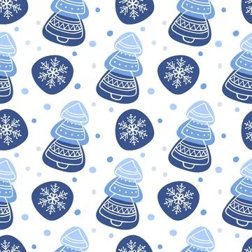 Blue seamless pattern with Christmas trees and snowflakes. Abstract winter Stock Illustration