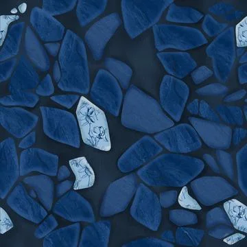 Blue seamless pattern with cracked ceramic tile texture. Kintsugi style hand Stock Illustration