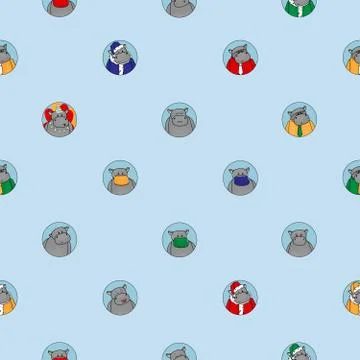 Blue seamless pattern of different hippos. Happy, sad, angry, in love, female Stock Illustration
