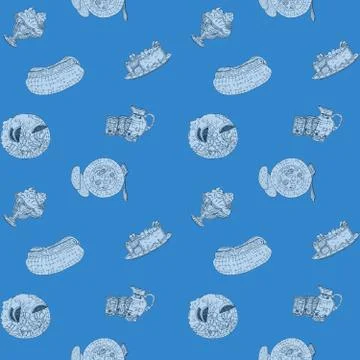 Blue seamless pattern with doodles different food Stock Illustration