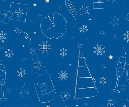 Blue Seamless pattern of elements for the New Year and Christmas. Doodle illu Stock Illustration