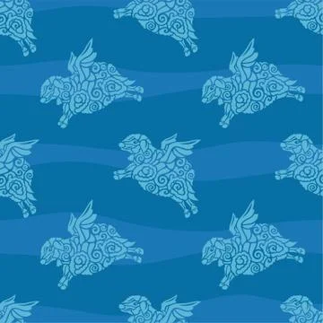 Blue seamless pattern with flying sheep silhouette Stock Illustration