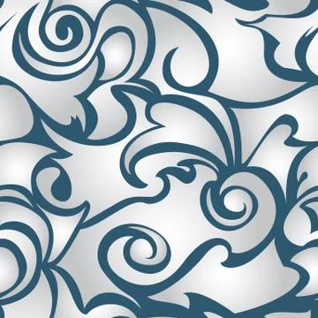 Blue seamless pattern of gray spirals and curls. Decorative ornament for back Stock Illustration