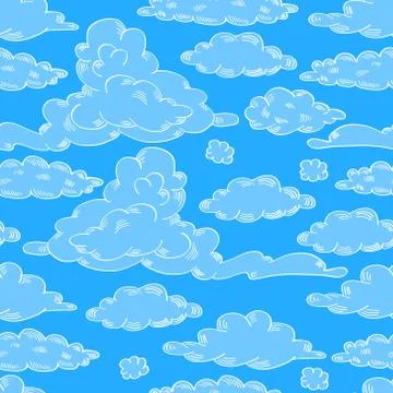 Blue seamless pattern with hand drawn clouds Stock Illustration