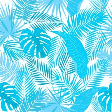 Blue seamless pattern of leaves palm tree, monstera, flowers, vector backgrou Illustrazione stock