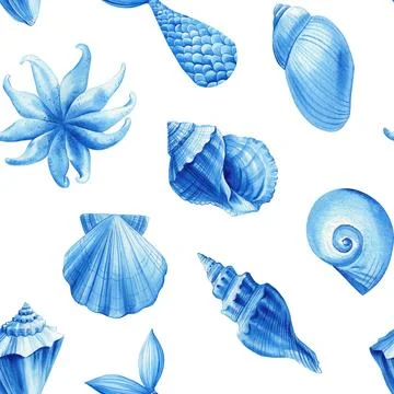 Blue Seamless pattern marine animals. Seashells, mermaid tail, starfish Stock Illustration