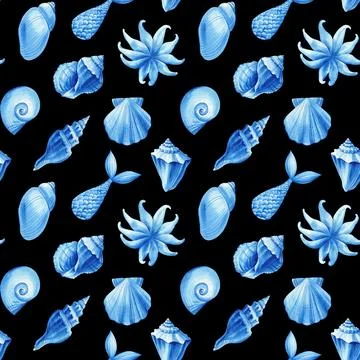 Blue Seamless pattern marine animals. Seashells, mermaid tail, starfish Stock Illustration