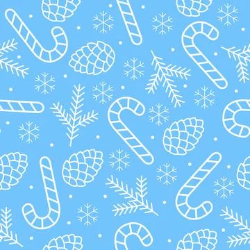 Blue seamless pattern with outline candy canes, pine cones and spruce twigs Illustration