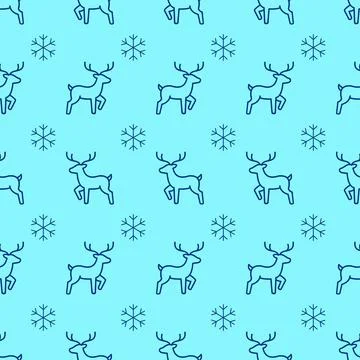 Blue seamless pattern with outline deer and snowflakes on light cyan backgrou Illustrazione stock