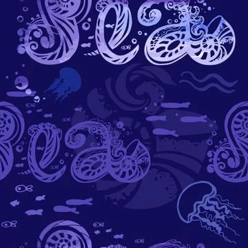 Blue seamless pattern sea life Stock Illustration