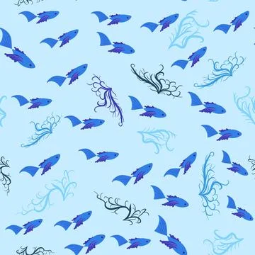 Blue Seamless pattern with starfish, corals, pearls and shells. Vector backgr Illustrazione stock