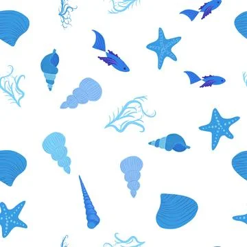 Blue Seamless pattern with starfish, corals, pearls and shells. Vector backgr Stock Illustration