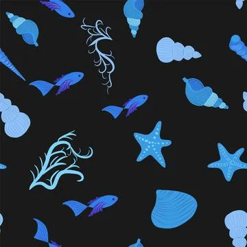 Blue Seamless pattern with starfish, corals, pearls and shells. Vector backgr Stockillustratie