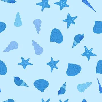 Blue Seamless pattern with starfish, corals, pearls and shells. Vector backgr 스톡 일러스트