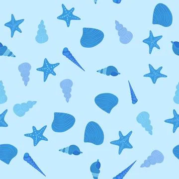 Blue Seamless pattern with starfish, corals, pearls and shells. Vector backgr Stock Illustration