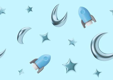 Blue seamless pattern with stars, moons and rockets. Applicable for fabric print 스톡 일러스트