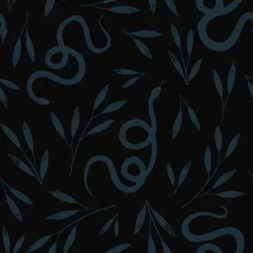 Blue seamless pattern vector branches and the snake pencil drawing, vintage Stock-Illustration