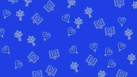 Blue Seamless Pattern with White Book Heart and Flower Icons Stock Footage 344875407