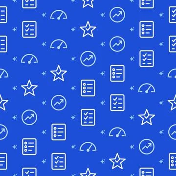 Blue seamless pattern with white line icons of checklist, speedometer, growth Stock Illustration