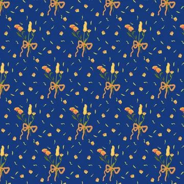 Blue seamless pattern with wild flowers. Autumn floral background in retro style Illustrazione stock