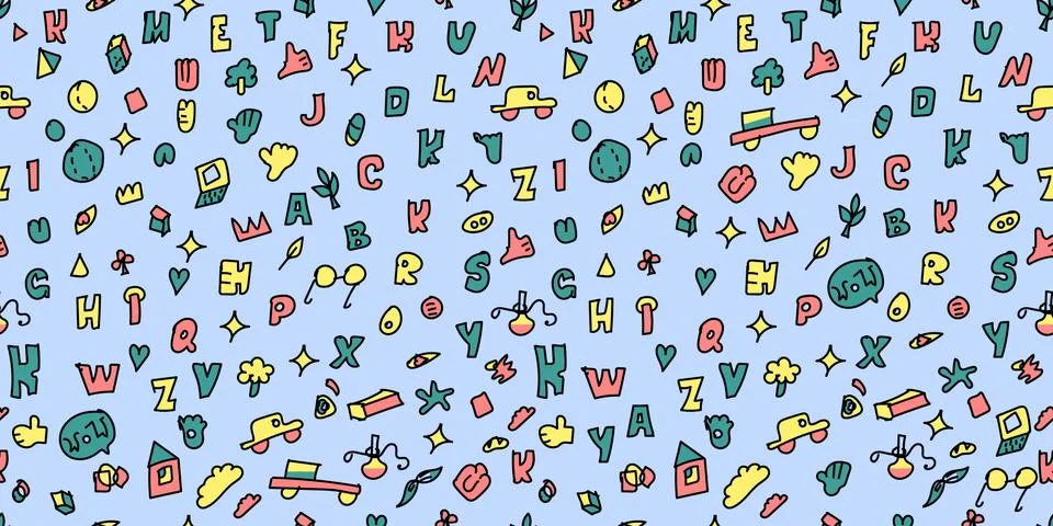 Blue Seamless repeat pattern which consists of alphabet, car, glasses, heart, Stock Illustration