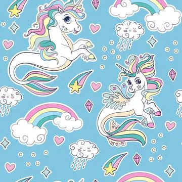 Blue seamless vector pattern with sea unicorns and magic elements Stock Illustration