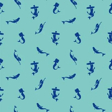 Blue seamless vector Pattern with silhouette mermaid. Pattern mermaid for gir Illustrazione stock